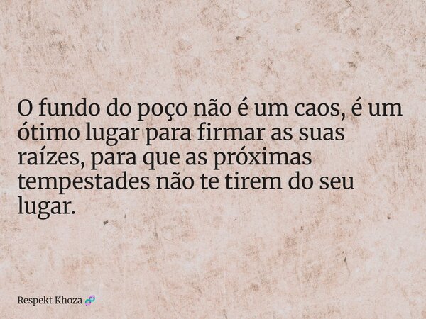 ​O fundo do poço não é um caos, é um ótimo lugar para firmar as suas raízes, para que as próximas tempestades não te tirem do seu lugar.... Frase de Respekt Khoza.