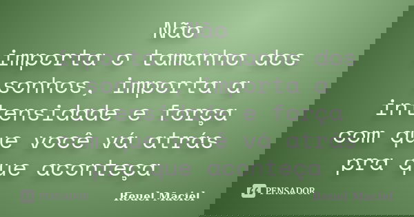 Não importa o tamanho dos sonhos, importa a intensidade e força com que você vá atrás pra que aconteça... Frase de Reuel Maciel.