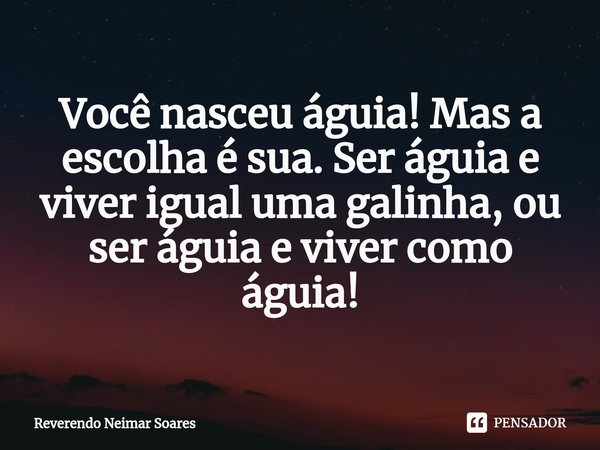 ⁠Você nasceu águia! Mas a escolha é sua. Ser águia e viver igual uma galinha, ou ser águia e viver como águia!... Frase de Reverendo Neimar Soares.