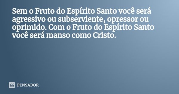 Sem o Fruto do Espírito Santo você será agressivo ou subserviente, opressor ou oprimido. Com o Fruto do Espírito Santo você será manso como Cristo.... Frase de Rev. Miquéias Castro.