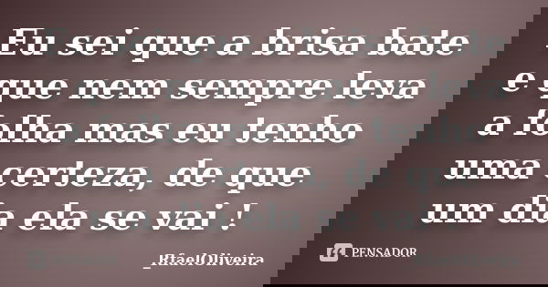 Eu sei que a brisa bate e que nem sempre leva a folha mas eu tenho uma certeza, de que um dia ela se vai !... Frase de _RfaelOliveira.
