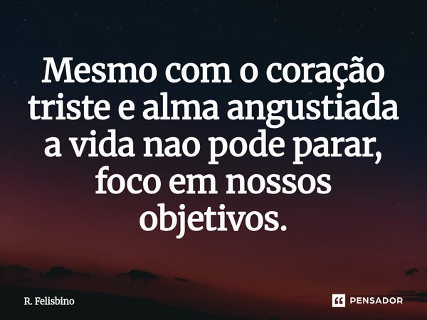 Mesmo com o coração triste e alma angustiada a vida nao pode parar, foco em nossos objetivos.... Frase de R. Felisbino.