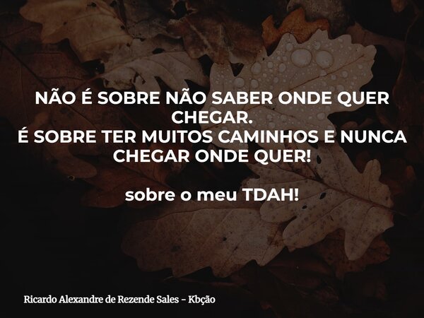 NÃO É SOBRE NÃO SABER ONDE QUER CHEGAR. É SOBRE TER MUITOS CAMINHOS E NUNCA CHEGAR ONDE QUER! sobre o meu TDAH!... Frase de Ricardo Alexandre de Rezende Sales - Kbção.