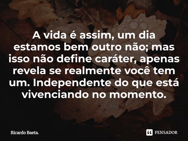 ⁠A vida é assim, um dia estamos bem outro não; mas isso não define caráter, apenas revela se realmente você tem um. Independente do que está vivenciando no mome... Frase de Ricardo Baeta..