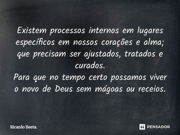 ⁠Existem processos internos em lugares específicos em nossos corações e alma; que precisam ser ajustados, tratados e curados. Para que no tempo certo possamos v... Frase de Ricardo Baeta..