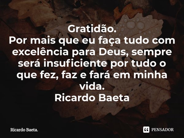 Gratidão.
Por mais que eu faça tudo com excelência para Deus, sempre será insuficiente por tudo o que fez, faz e fará em minha vida.
Ricardo Baeta... Frase de Ricardo Baeta..
