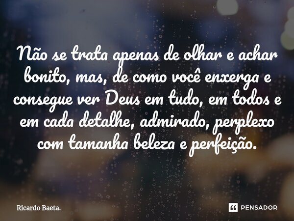 ⁠Não se trata apenas de olhar e achar bonito, mas, de como você enxerga e consegue ver Deus em tudo, em todos e em cada detalhe, admirado, perplexo com tamanha ... Frase de Ricardo Baeta..