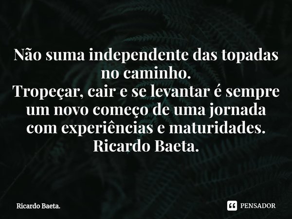 Não suma independente das topadas no caminho.
Tropeçar, cair e se levantar é sempre um novo começo de uma jornada com experiências e maturidades.
Ricardo Baeta.... Frase de Ricardo Baeta..