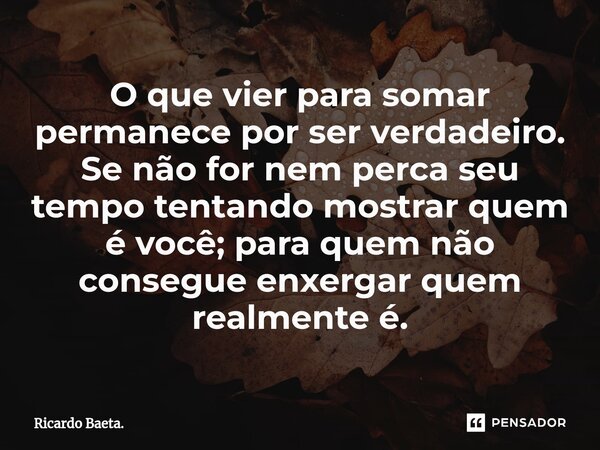 ⁠O que vier para somar permanece por ser verdadeiro. Se não for nem perca seu tempo tentando mostrar quem é você; para quem não consegue enxergar quem realmente... Frase de Ricardo Baeta..
