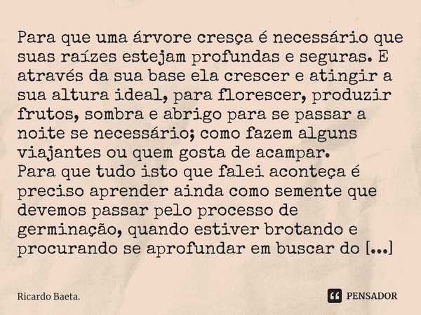 Para que uma árvore cresça é necessário que suas raízes estejam profundas e seguras. E através da sua base ela crescer e atingir a sua altura ideal, para flore... Frase de Ricardo Baeta..
