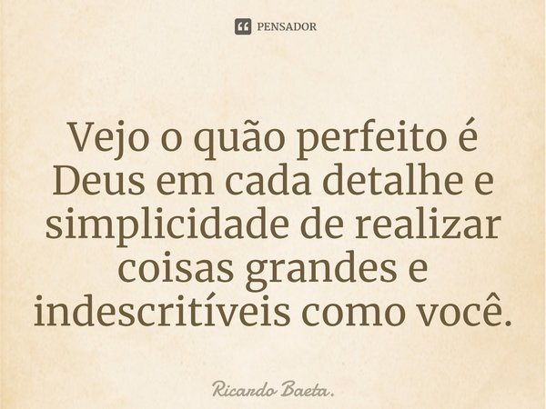 ⁠Vejo o quão perfeito é Deus em cada detalhe e simplicidade de realizar coisas grandes e indescritíveis como você.... Frase de Ricardo Baeta..