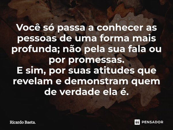 ⁠Você só passa a conhecer as pessoas de uma forma mais profunda; não pela sua fala ou por promessas. E sim, por suas atitudes que revelam e demonstram quem de v... Frase de Ricardo Baeta..