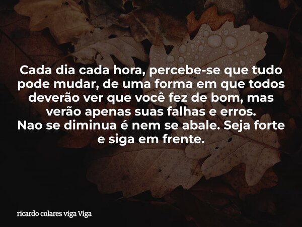 Cada dia cada hora, percebe-se que tudo pode mudar, de uma forma em que todos deverão ver que você fez de bom, mas verão apenas suas falhas e erros. Nao se dimi... Frase de ricardo colares viga Viga.