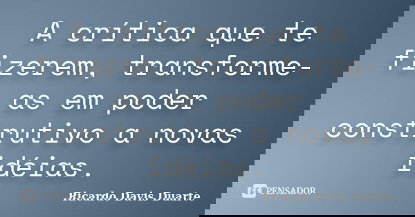 A crítica que te fizerem, transforme-as em poder construtivo a novas idéias.... Frase de Ricardo Davis Duarte.