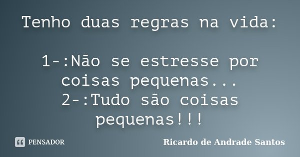 Tenho duas regras na vida: 1-:Não se estresse por coisas pequenas... 2-:Tudo são coisas pequenas!!!... Frase de Ricardo de Andrade Santos.
