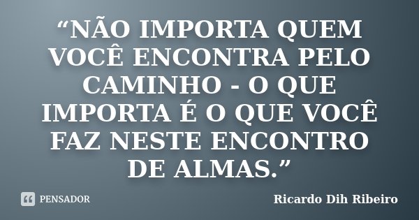 “NÃO IMPORTA QUEM VOCÊ ENCONTRA PELO CAMINHO - O QUE IMPORTA É O QUE VOCÊ FAZ NESTE ENCONTRO DE ALMAS.”... Frase de Ricardo Dih Ribeiro.