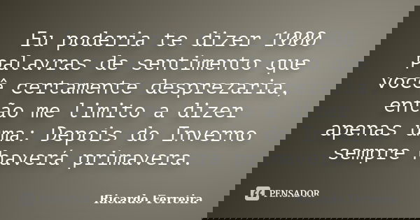 Eu poderia te dizer 1000 palavras de sentimento que você certamente desprezaria, então me limito a dizer apenas uma: Depois do Inverno sempre haverá primavera.... Frase de Ricardo Ferreira.