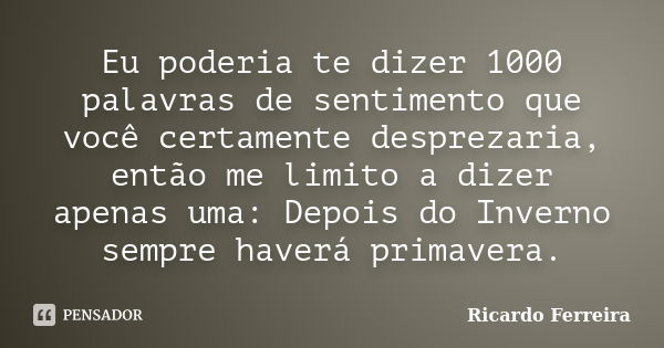 Eu poderia te dizer 1000 palavras de sentimento que você certamente desprezaria, então me limito a dizer apenas uma: Depois do Inverno sempre haverá primavera.... Frase de Ricardo Ferreira.