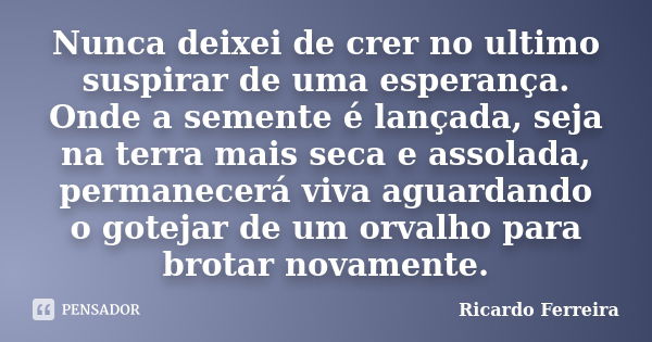 Nunca deixei de crer no ultimo suspirar de uma esperança. Onde a semente é lançada, seja na terra mais seca e assolada, permanecerá viva aguardando o gotejar de... Frase de Ricardo Ferreira.