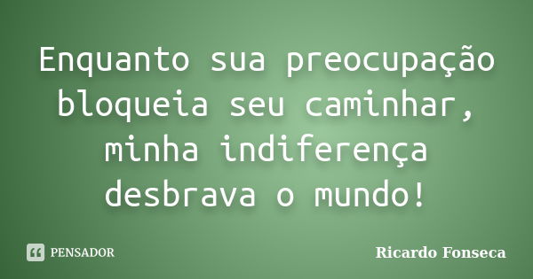 Enquanto sua preocupação bloqueia seu caminhar, minha indiferença desbrava o mundo!... Frase de Ricardo Fonseca.