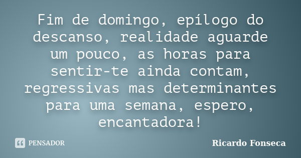 Fim de domingo, epílogo do descanso, realidade aguarde um pouco, as horas para sentir-te ainda contam, regressivas mas determinantes para uma semana, espero, en... Frase de Ricardo Fonseca.