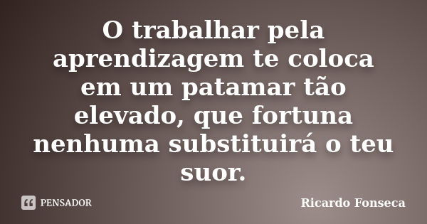 O trabalhar pela aprendizagem te coloca em um patamar tão elevado, que fortuna nenhuma substituirá o teu suor.... Frase de Ricardo Fonseca.