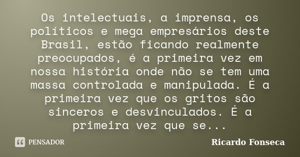 Os intelectuais, a imprensa, os políticos e mega empresários deste Brasil, estão ficando realmente preocupados, é a primeira vez em nossa história onde não se t... Frase de Ricardo Fonseca.