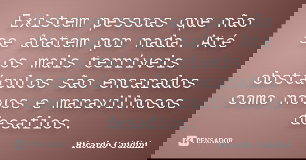Existem pessoas que não se abatem por nada. Até os mais terríveis obstáculos são encarados como novos e maravilhosos desafios.... Frase de Ricardo Guidini.