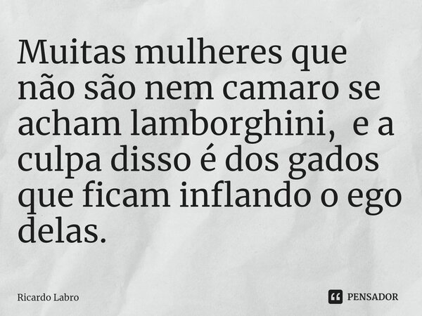 Muitas mulheres que não são nem camaro se acham lamborghini, e a culpa disso é dos gados⁠ que ficam inflando o ego delas.... Frase de Ricardo Labro.