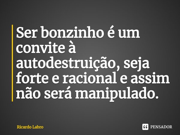 Ser bonzinho é um convite à autodestruição, seja forte e racional e assim não será manipulado.... Frase de Ricardo Labro.