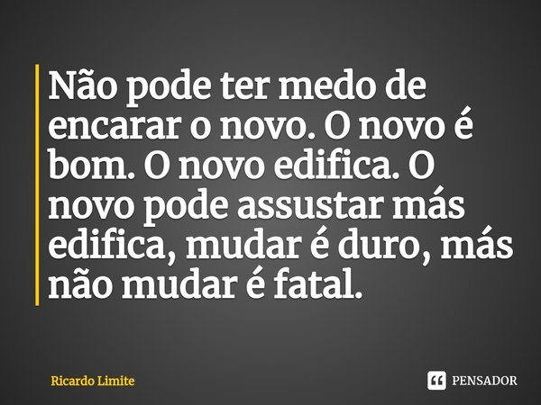 Não pode ter medo de encarar o novo. O novo é bom. O novo edifica. O novo pode assustar, mas edifica, mudar é duro, mas não mudar é fatal.... Frase de Ricardo Limite.