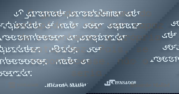 O grande problema do estúpido é não ser capaz de reconhecer a própria estupidez. Pois, se reconhecesse, não o seria.... Frase de Ricardo Mallet.