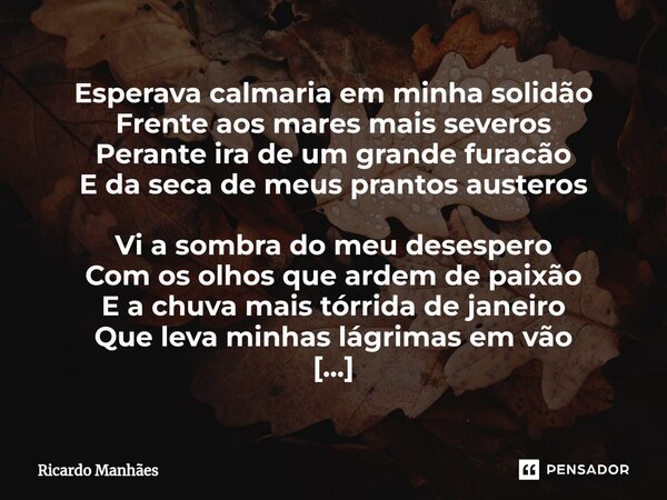 ⁠Esperava calmaria em minha solidão Frente aos mares mais severos Perante ira de um grande furacão E da seca de meus prantos austeros Vi a sombra do meu desespe... Frase de Ricardo Manhães.