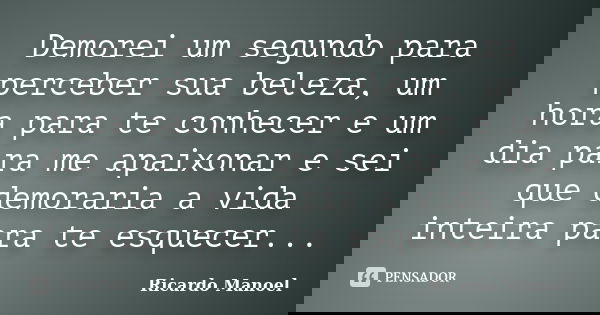 Demorei um segundo para perceber sua beleza, um hora para te conhecer e um dia para me apaixonar e sei que demoraria a vida inteira para te esquecer...... Frase de Ricardo Manoel.