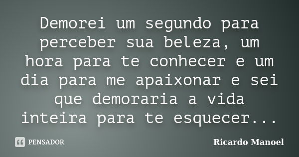 Demorei um segundo para perceber sua beleza, um hora para te conhecer e um dia para me apaixonar e sei que demoraria a vida inteira para te esquecer...... Frase de Ricardo Manoel.