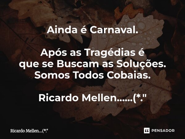 ⁠Ainda é Carnaval. Após as Tragédias é que se Buscam as Soluções. Somos Todos Cobaias. Ricardo Mellen......(*."... Frase de Ricardo Mellen....(*.