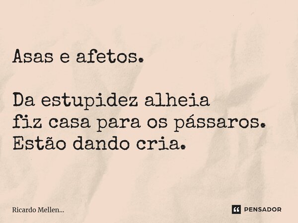 ⁠Asas e afetos. Da estupidez alheia fiz casa para os pássaros. Estão dando cria.... Frase de Ricardo Mellen....