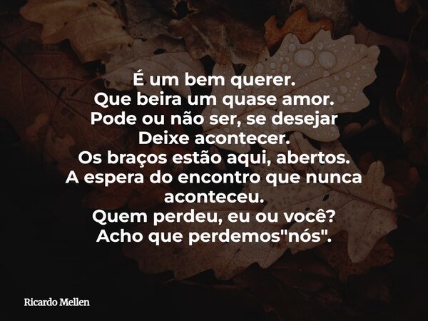 É um bem querer. Que beira um quase amor. Pode ou não ser, se desejar Deixe acontecer. Os braços estão aqui, abertos. A espera do encontro que nunca aconteceu. ... Frase de Ricardo Mellen.
