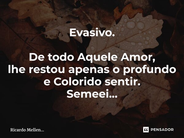 ⁠Evasivo. De todo Aquele Amor, lhe restou apenas o profundo e Colorido sentir. Semeei...... Frase de Ricardo Mellen....