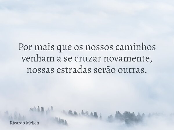 Por mais que os nossos caminhos venham a se cruzar novamente, nossas estradas serão outras.... Frase de Ricardo Mellen.