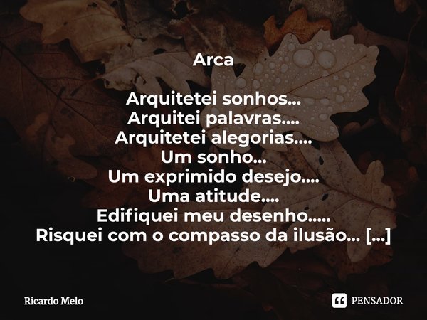 ⁠Arca Arquitetei sonhos...
Arquitei palavras....
Arquitetei alegorias....
Um sonho...
Um exprimido desejo....
Uma atitude....
Edifiquei meu desenho.....
Risquei... Frase de Ricardo Melo.