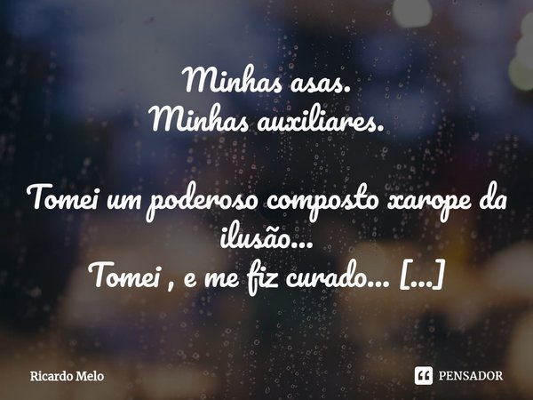 Minhas asas.
Minhas auxiliares. Tomei um poderoso composto xarope da ilusão...
Tomei , e me fiz curado...
Como auxílio...
Trago minhas asas...
A cabeça medita ... Frase de Ricardo Melo.