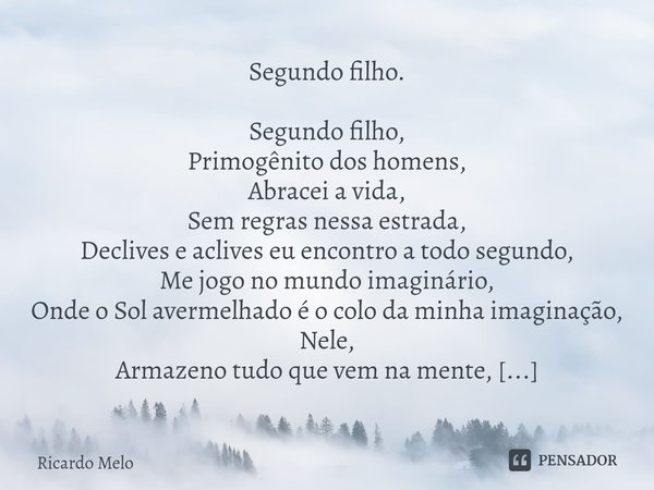 ⁠Segundo filho. Segundo filho,
Primogênito dos homens,
Abracei a vida,
Sem regras nessa estrada,
Declives e aclives eu encontro a todo segundo,
Me jogo no mundo... Frase de Ricardo Melo.