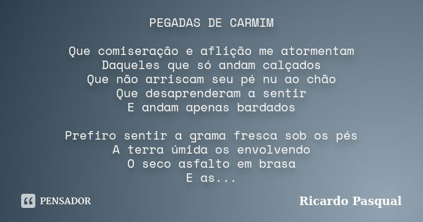 PEGADAS DE CARMIM Que comiseração e aflição me atormentam Daqueles que só andam calçados Que não arriscam seu pé nu ao chão Que desaprenderam a sentir E andam a... Frase de Ricardo Pasqual.