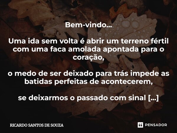 Bem-vindo... ⁠Uma ida sem volta é abrir um terreno fértil com uma faca amolada apontada para o coração, o medo de ser deixado para trás impede as batidas perfei... Frase de RICARDO SANTOS DE SOUZA.