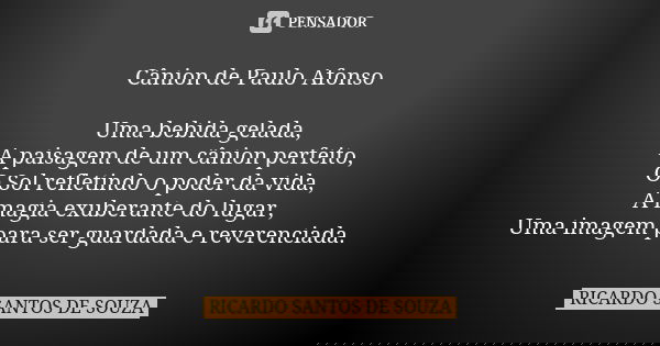 Cânion de Paulo Afonso Uma bebida gelada,
A paisagem de um cânion perfeito,
O Sol refletindo o poder da vida,
A magia exuberante do lugar,
Uma imagem para ser g... Frase de Ricardo Santos de Souza.