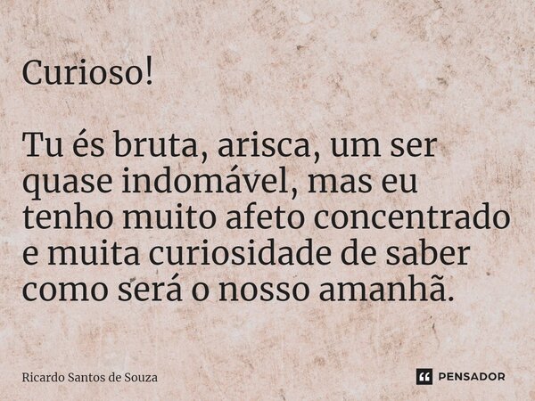 Curioso! Tu és ⁠bruta, arisca, um ser quase indomável, mas eu tenho muito afeto concentrado e muita curiosidade de saber como será o nosso amanhã.... Frase de RICARDO SANTOS DE SOUZA.