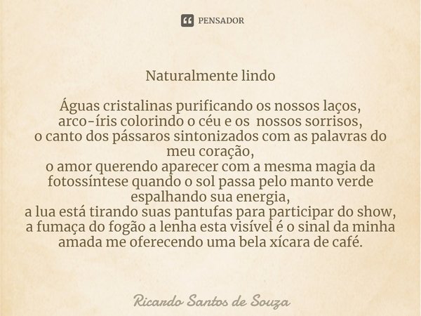 ⁠Naturalmente lindo Águas cristalinas purificando os nossos laços,
arco-íris colorindo o céu e os nossos sorrisos,
o canto dos pássaros sintonizados com as pala... Frase de RICARDO SANTOS DE SOUZA.