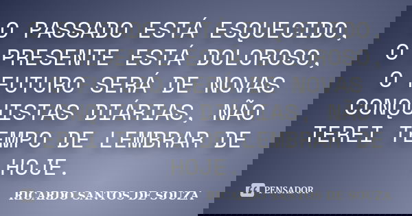 O PASSADO ESTÁ ESQUECIDO, O PRESENTE ESTÁ DOLOROSO, O FUTURO SERÁ DE NOVAS CONQUISTAS DIÁRIAS, NÃO TEREI TEMPO DE LEMBRAR DE HOJE.... Frase de RICARDO SANTOS DE SOUZA.