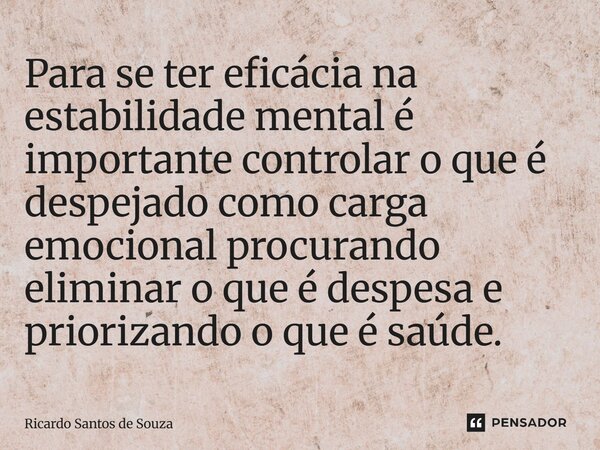 ⁠Para se ter eficácia na estabilidade mental é importante controlar o que é despejado como carga emocional procurando eliminar o que é despesa e priorizando o q... Frase de RICARDO SANTOS DE SOUZA.